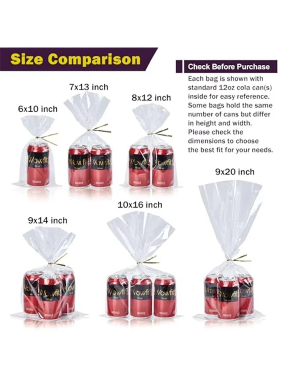 Wowfit 50 CT 9x20 Inches Clear Flat Cellophane Treat Bags with 6
